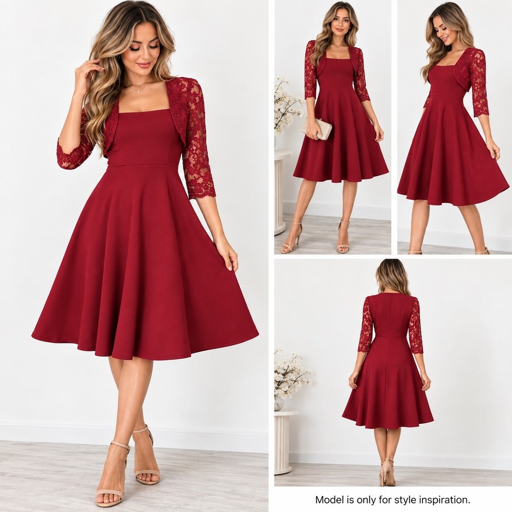 Miusol Dress Womens M Red Lace Sleeve Fit Flare Wedding Guest Cocktail A-Line